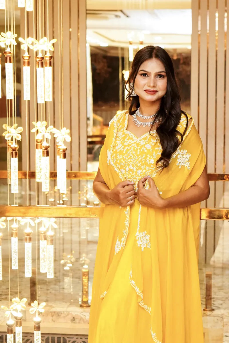 YELLOW COLOR THREE PIECES CROP TOP DESIGN INDO-WESTERN