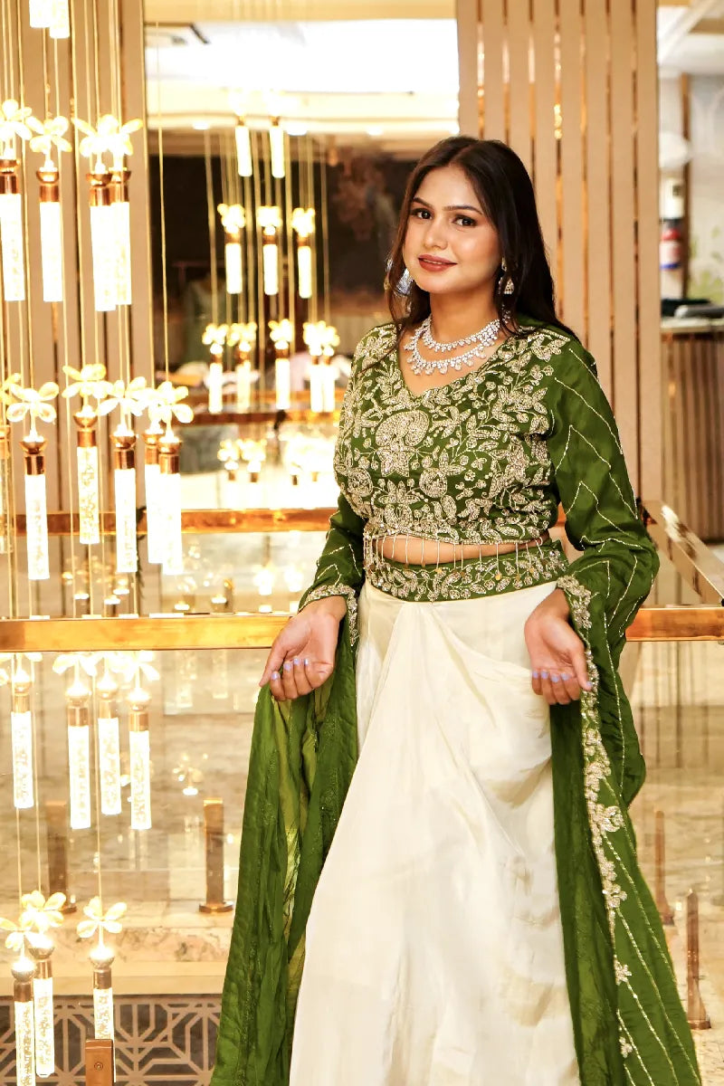 GREEN COLOR TWO PIECES CROP TOP DESIGN INDO-WESTERN