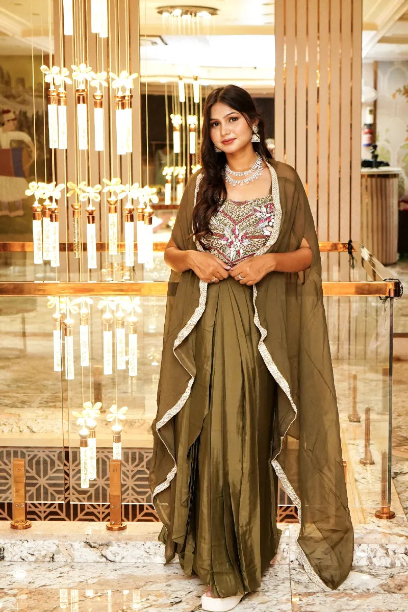 OLIVE COLOR THREE PIECES CROP TOP DESIGN INDO-WESTERN
