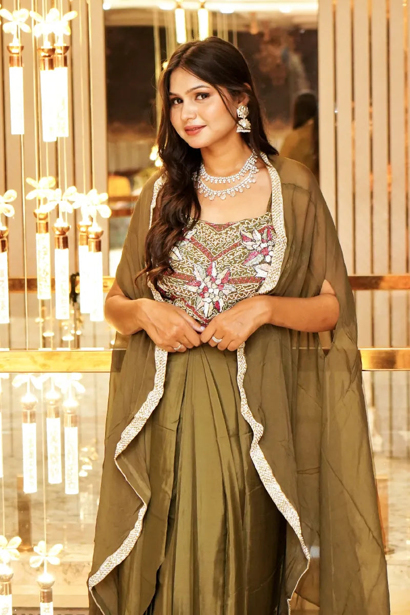 OLIVE COLOR THREE PIECES CROP TOP DESIGN INDO-WESTERN