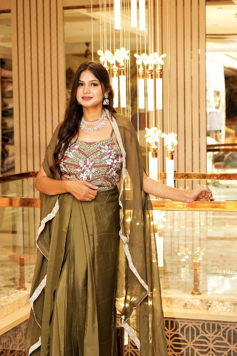 OLIVE COLOR THREE PIECES CROP TOP DESIGN INDO-WESTERN