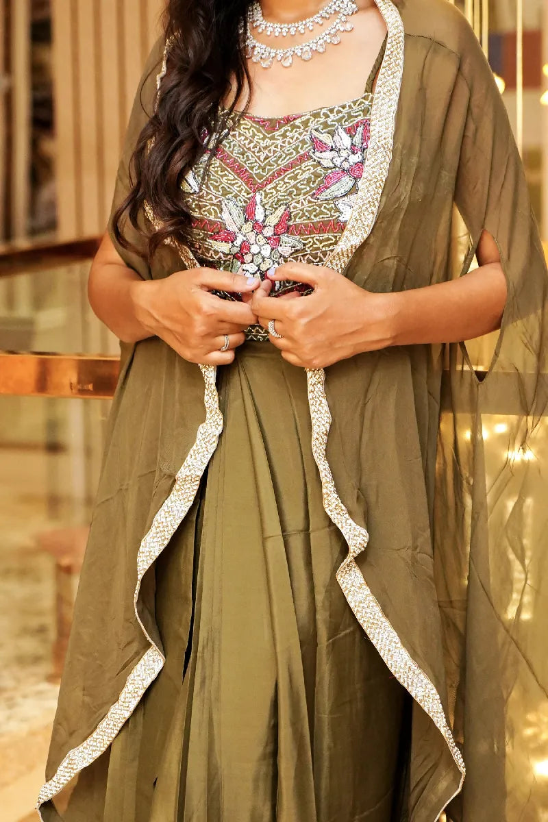 OLIVE COLOR THREE PIECES CROP TOP DESIGN INDO-WESTERN