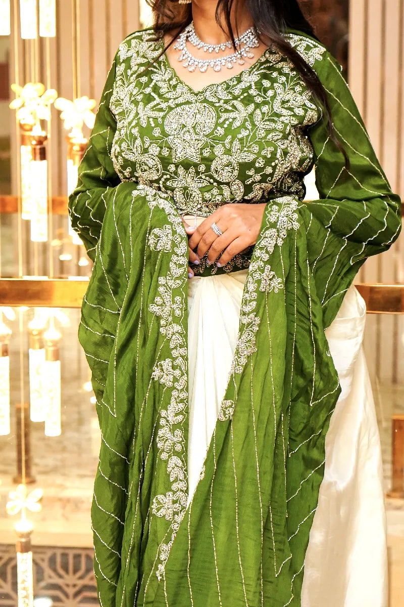 GREEN COLOR TWO PIECES CROP TOP DESIGN INDO-WESTERN