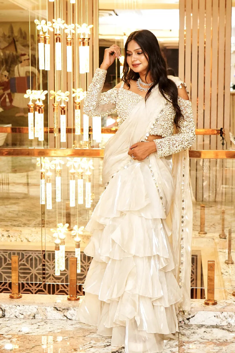 OFF WHITE COLOR TWO PIECES CROP TOP DESIGN INDO-WESTERN SAREE