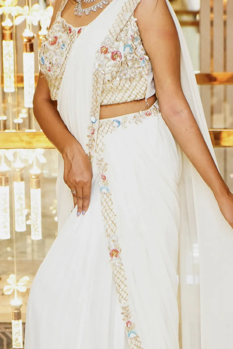 OFF WHITE COLOR TWO PIECES CROP TOP DRAPE STYLE