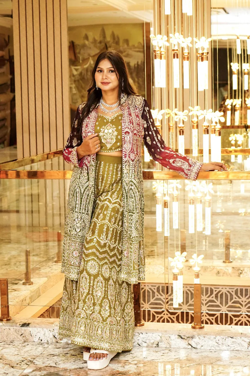 MEHENDI GREEN COLOR THREE PIECES CROP TOP INDO-WESTERN