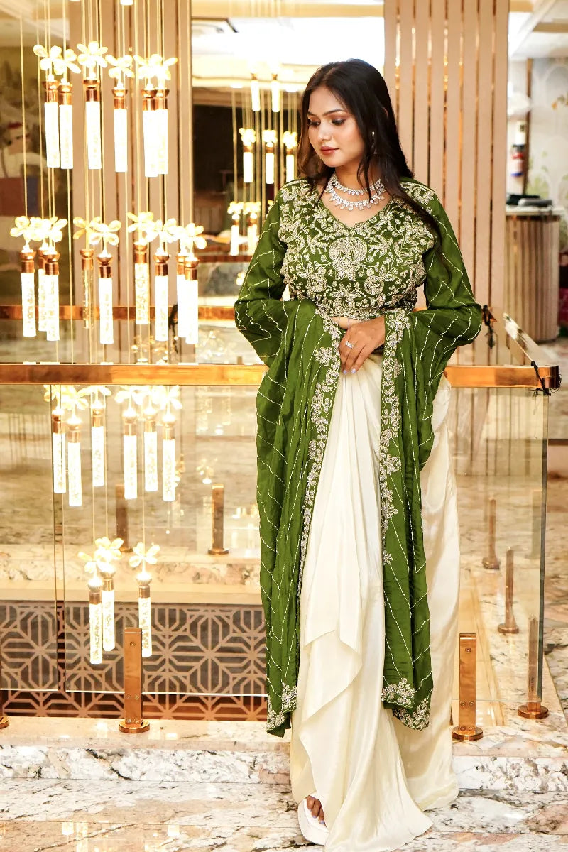 GREEN COLOR TWO PIECES CROP TOP DESIGN INDO-WESTERN