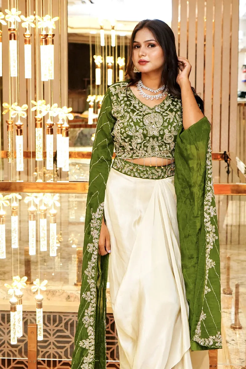 GREEN COLOR TWO PIECES CROP TOP DESIGN INDO-WESTERN