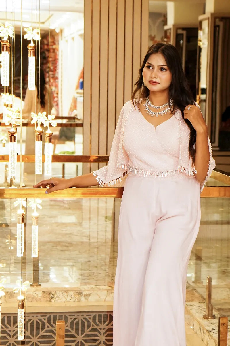 BABY PINK COLOR THREE PIECES CROP TOP DESIGN INDO-WESTERN