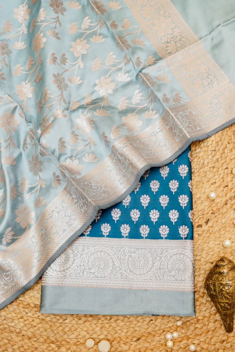 BANARASI SILK PEACOCK BLUE WITH GREY COLOR UNSTITCHED SUIT MATERIAL
