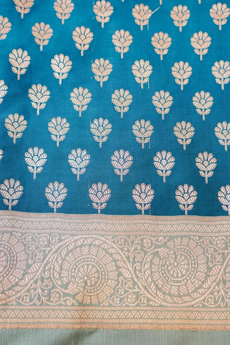 BANARASI SILK PEACOCK BLUE WITH GREY COLOR UNSTITCHED SUIT MATERIAL