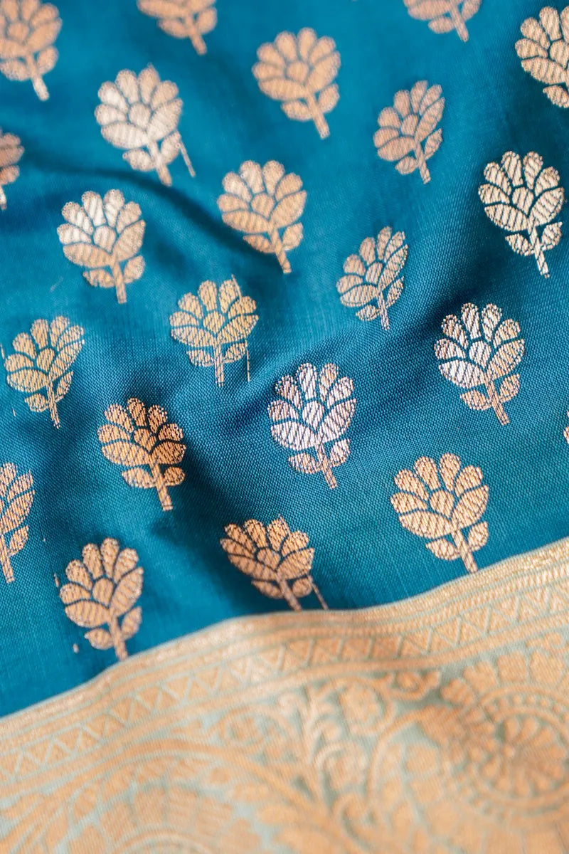 BANARASI SILK PEACOCK BLUE WITH GREY COLOR UNSTITCHED SUIT MATERIAL