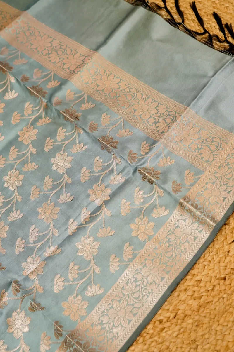 BANARASI SILK PEACOCK BLUE WITH GREY COLOR UNSTITCHED SUIT MATERIAL