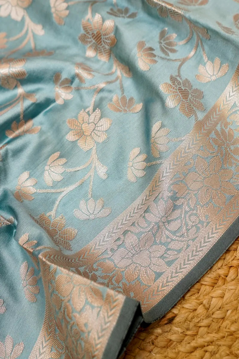 BANARASI SILK PEACOCK BLUE WITH GREY COLOR UNSTITCHED SUIT MATERIAL