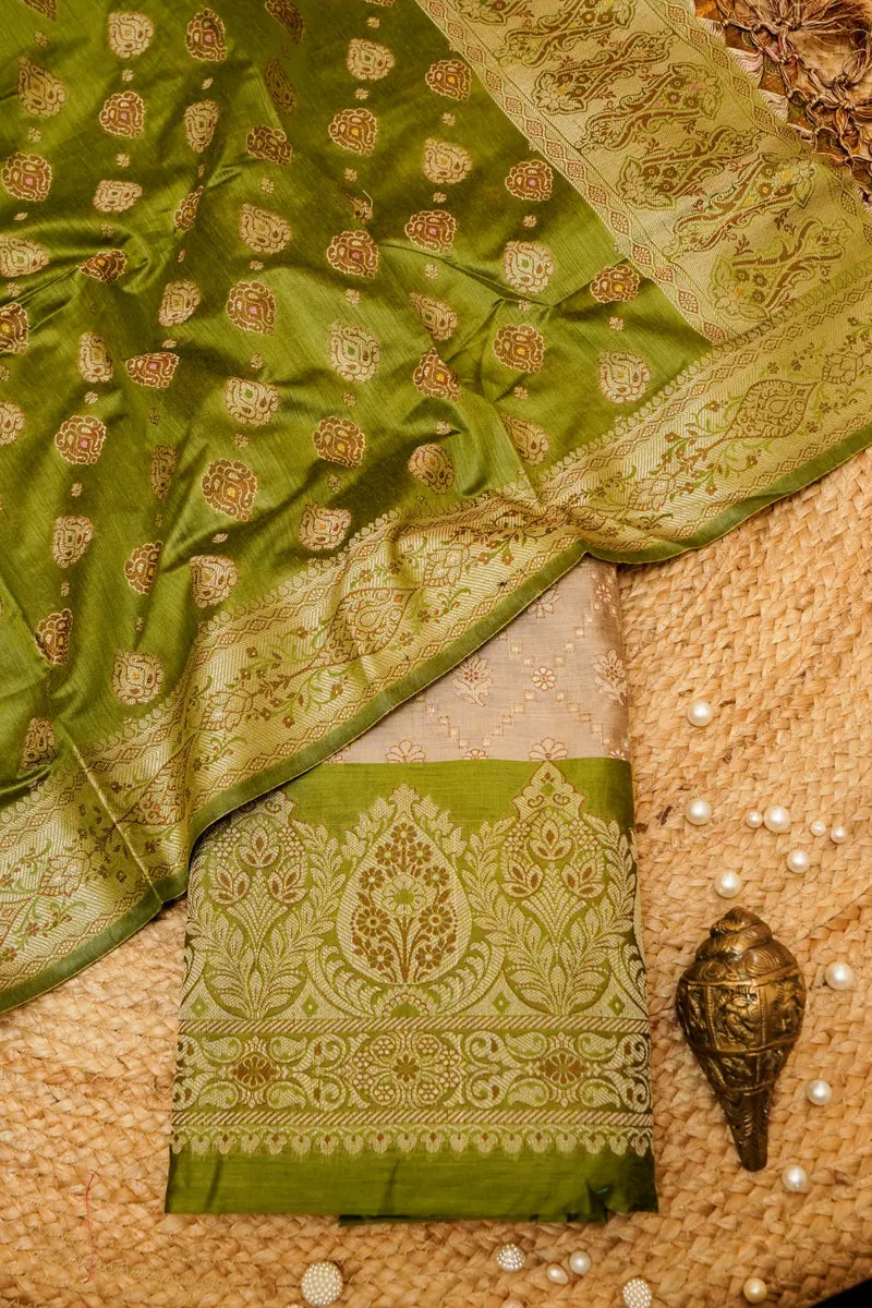 COTTON SILK CHEEKU WITH MEHENDI GREEN COLOR UNSTITCHED SUIT MATERIAL