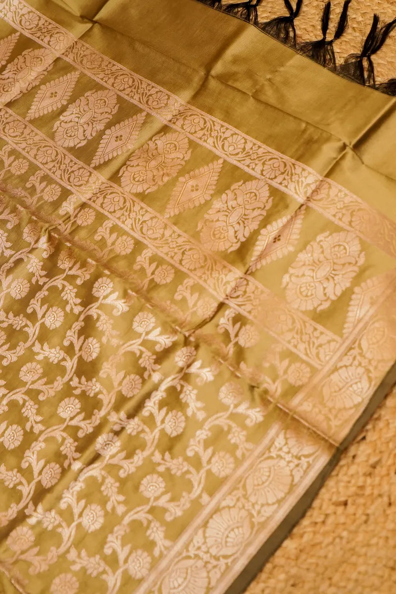 BANARASI SILK BLACK WITH OLIVE GREEN COLOR UNSTITCHED SUIT MATERIAL