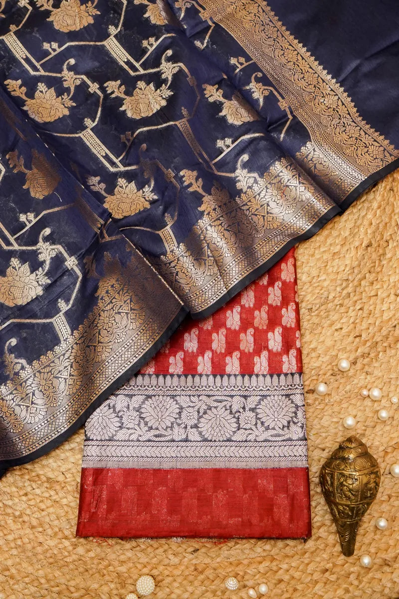 COTTON SILK RED WITH CARBON BLUE COLOR UNSTITCHED SUIT MATERIAL