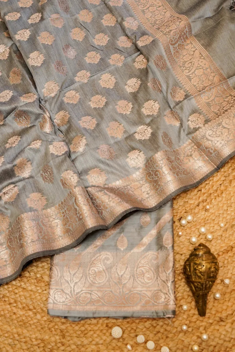 COTTON SILK GREY COLOR UNSTITCHED SUIT MATERIAL