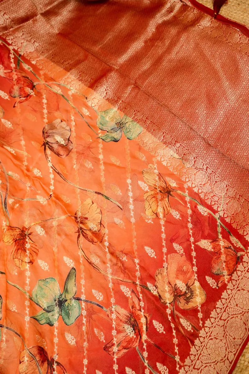 ORANGE WITH RED COLOR CREPE SILK SAREE