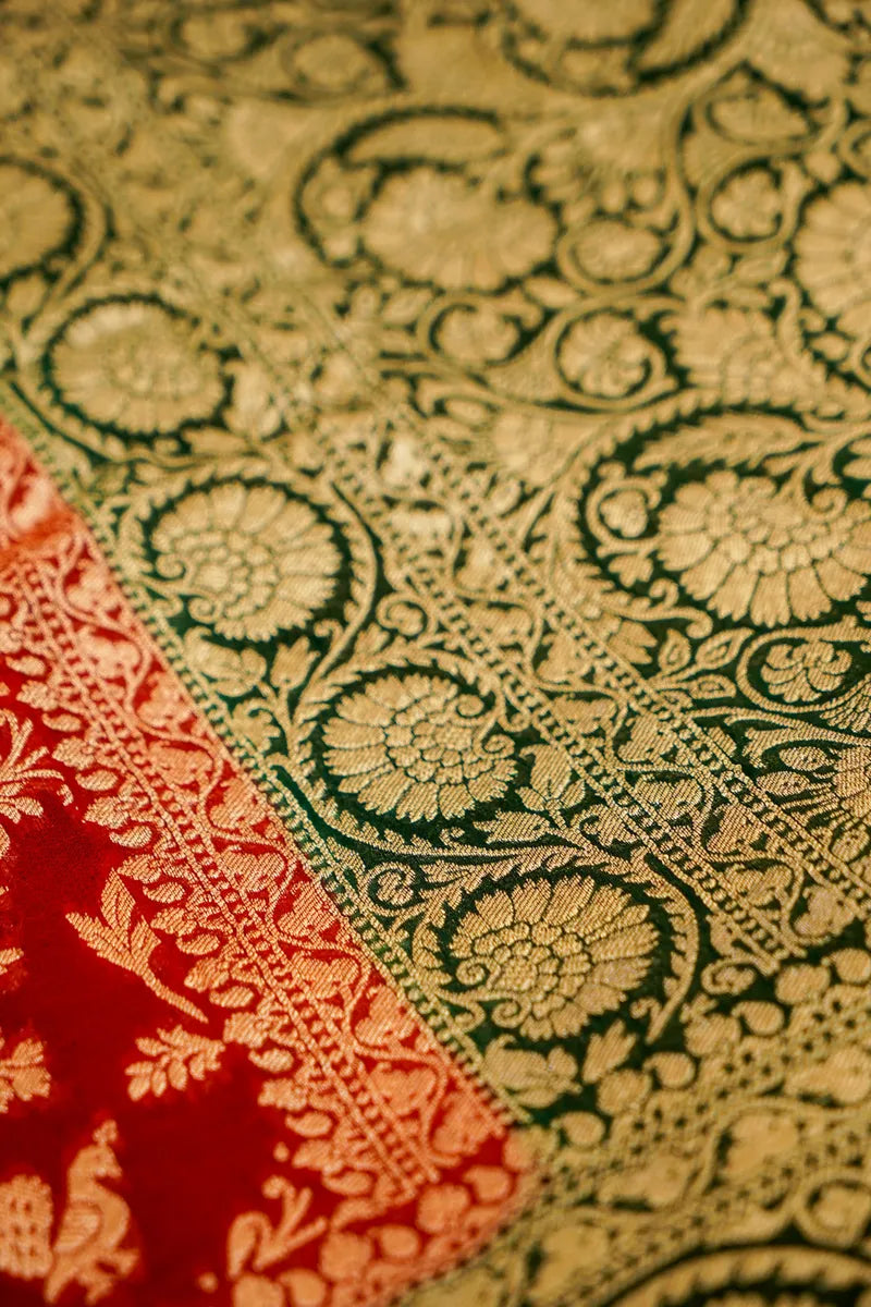 RED WITH GREEN COLOR HANDLOOM KHADDI GEORGETTE SAREE