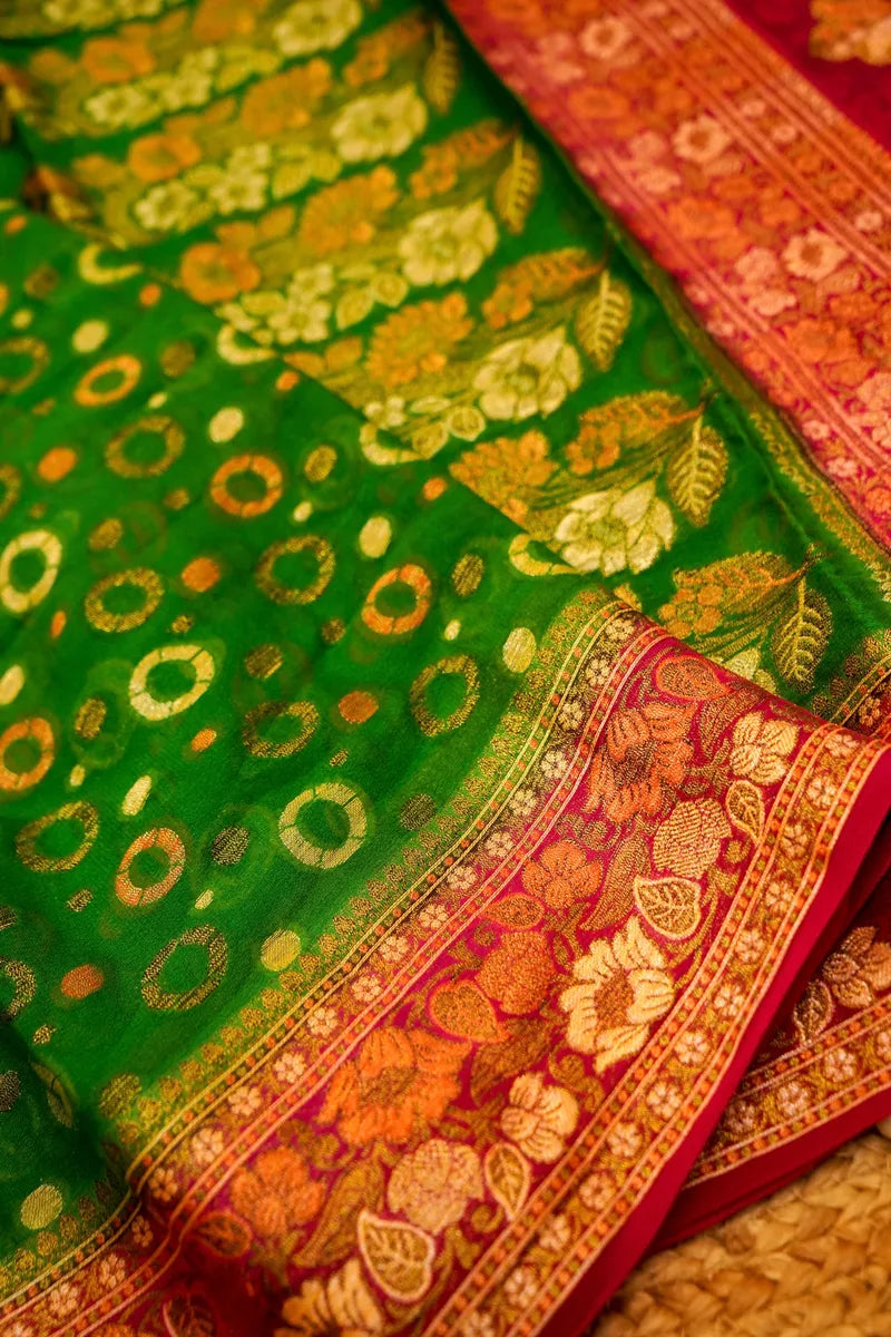 GREEN WITH PINK COLOR KHADDI SILK SAREE