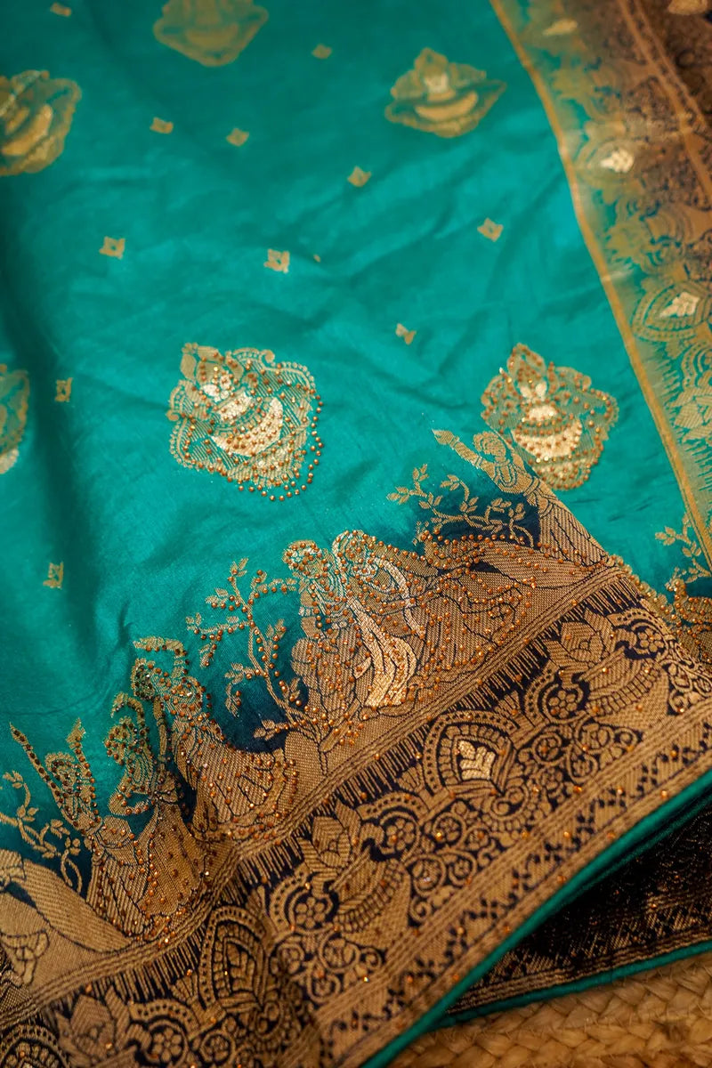 RAMA GREEN WITH BLUE COLOR BANARASI SILK SAREE
