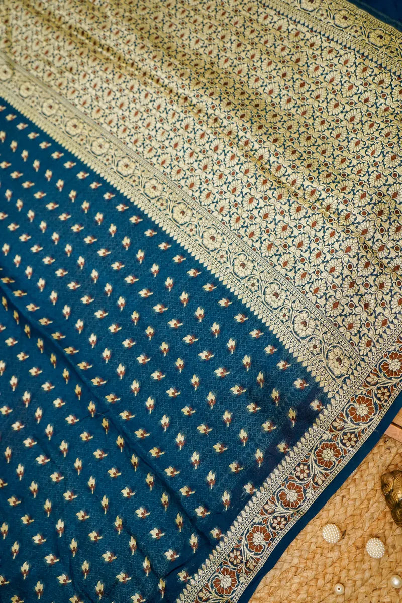 ELECTRIC BLUE WITH PINK COLOR KHADDI SILK SAREE
