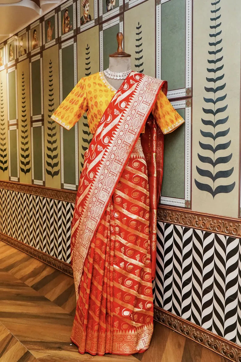 PURE BANARASI RED PARTLY COLOR DOUBLE KATAN SILK SAREE