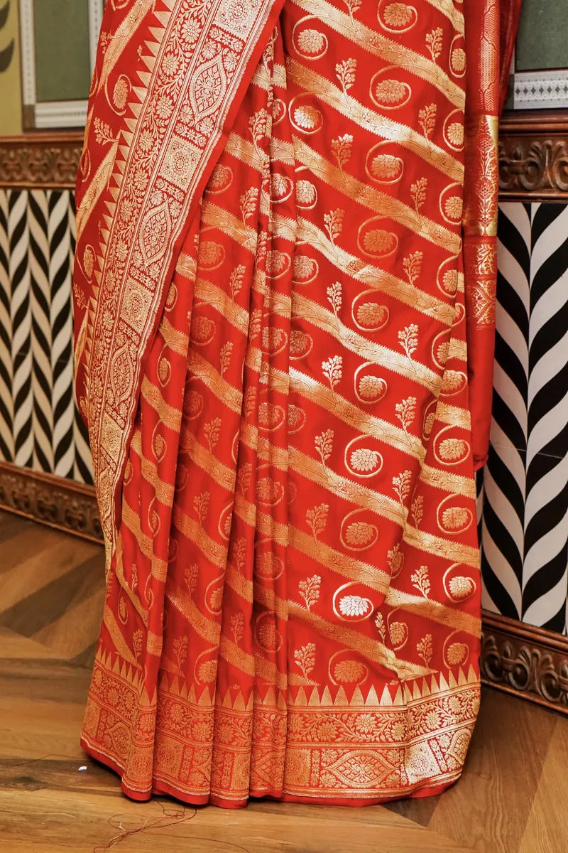 PURE BANARASI RED PARTLY COLOR DOUBLE KATAN SILK SAREE