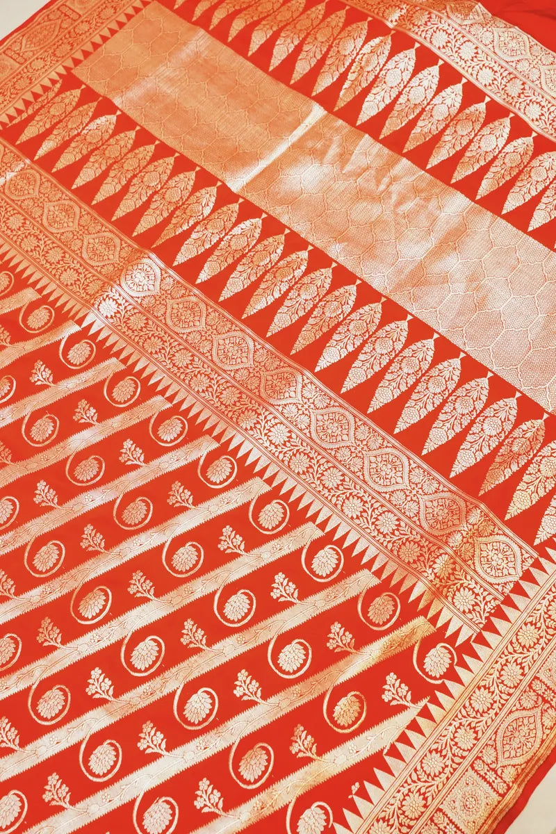 PURE BANARASI RED PARTLY COLOR DOUBLE KATAN SILK SAREE