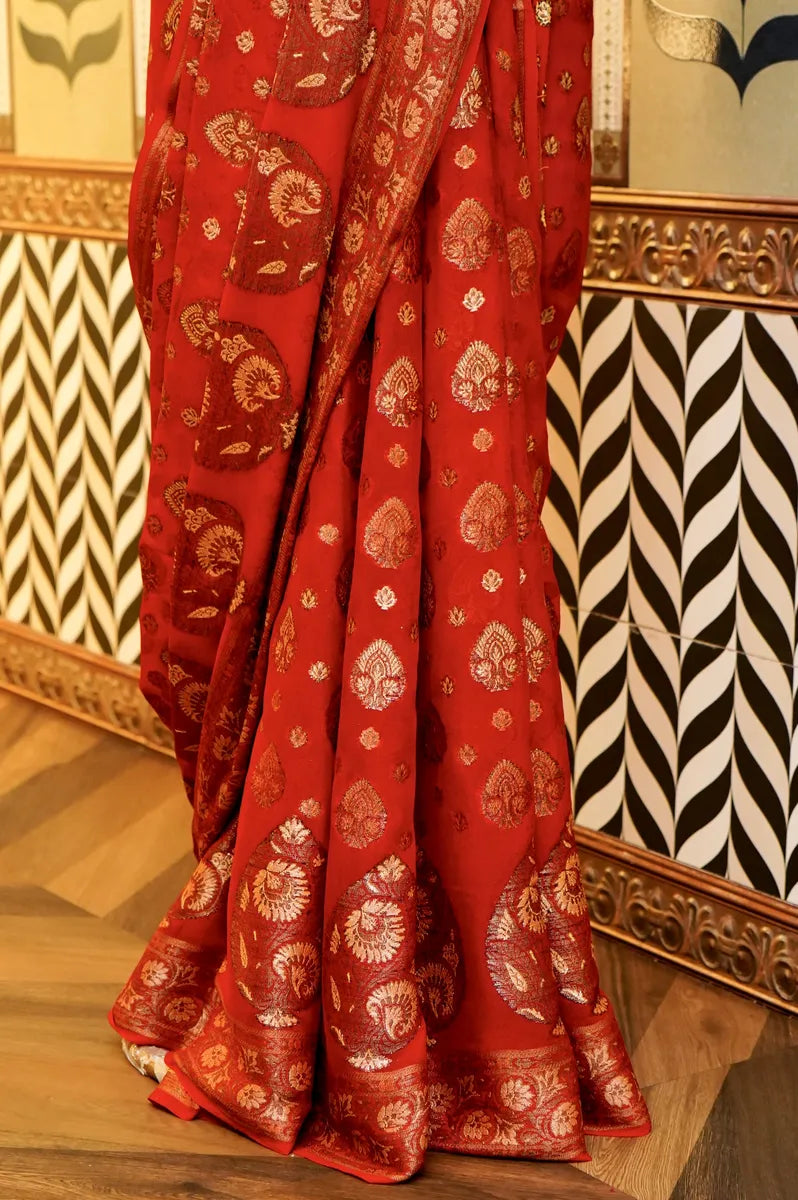 BANARASI RED COLOR KHADDI GEORGETTE SAREE