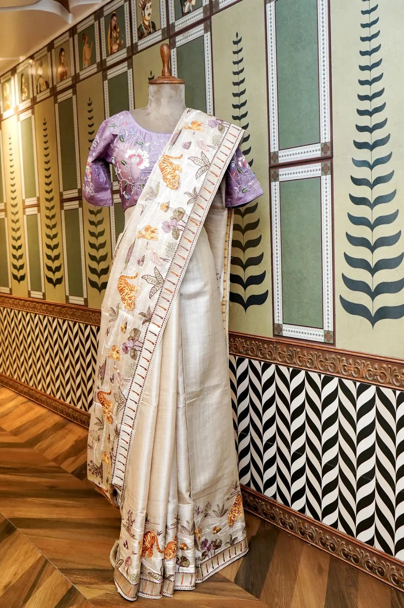 BANARASI KORA MADHUBANI GOLDEN CREAM COLOR TISSUE SAREE