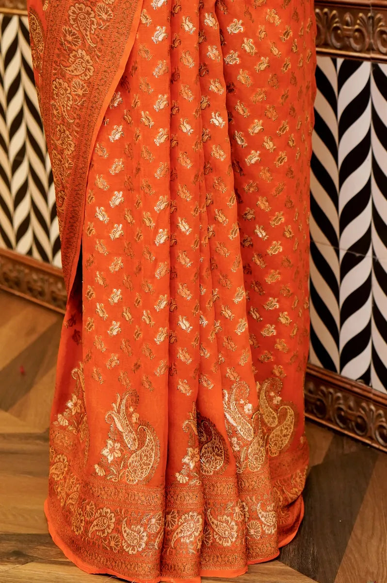 BANARASI PEACH COLOR KHADDI GEORGETTE SAREE