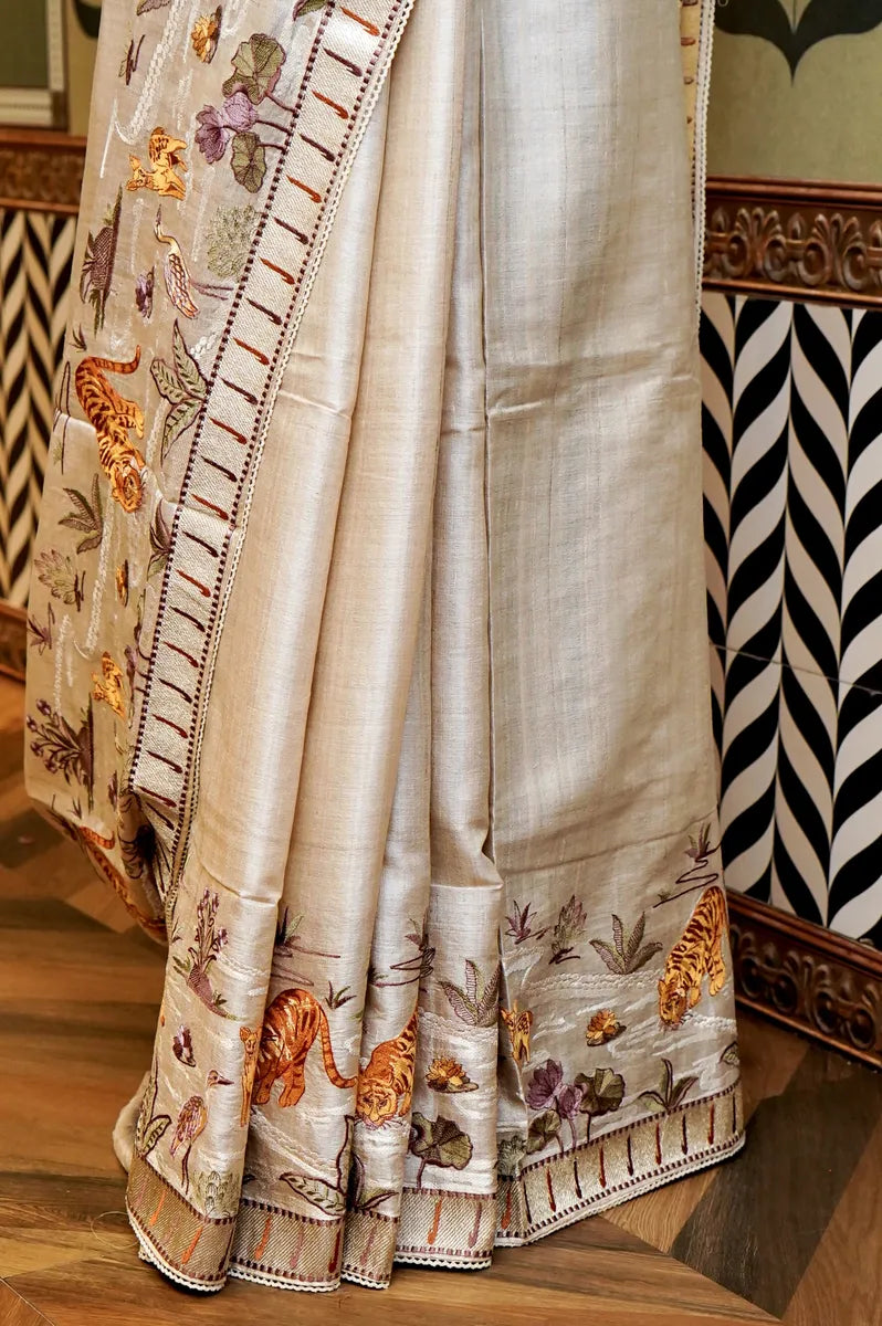 BANARASI KORA MADHUBANI GOLDEN CREAM COLOR TISSUE SAREE