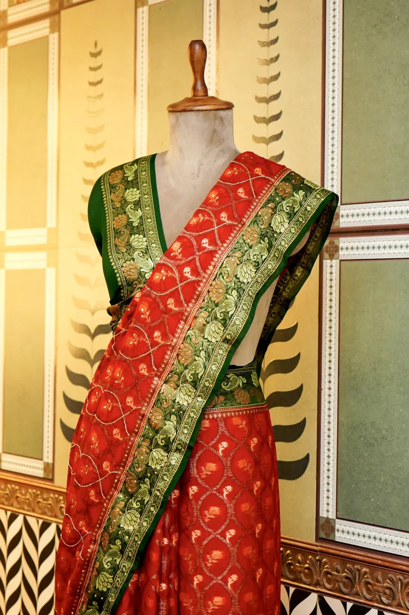 BANARASI RED COLOR KHADDI GEORGETTE SAREE