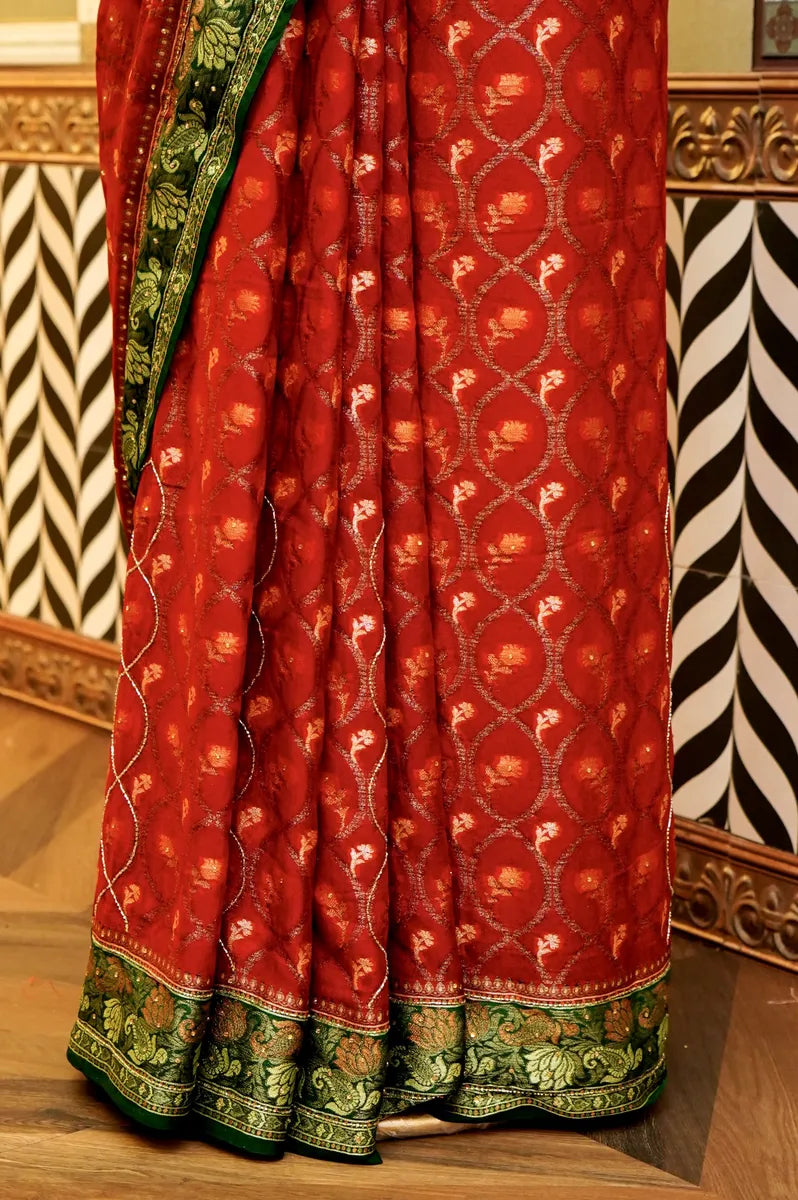 BANARASI RED COLOR KHADDI GEORGETTE SAREE