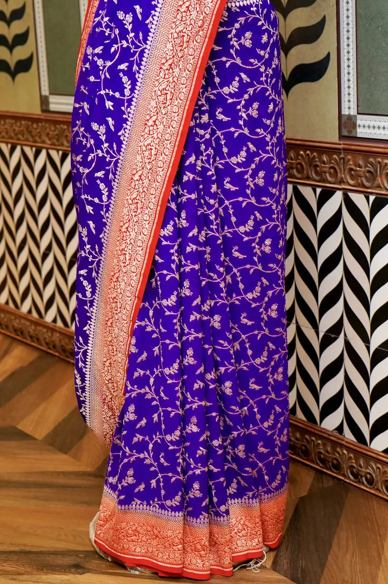BANARASI ROYAL BLUE COLOR KHADDI GEORGETTE SAREE
