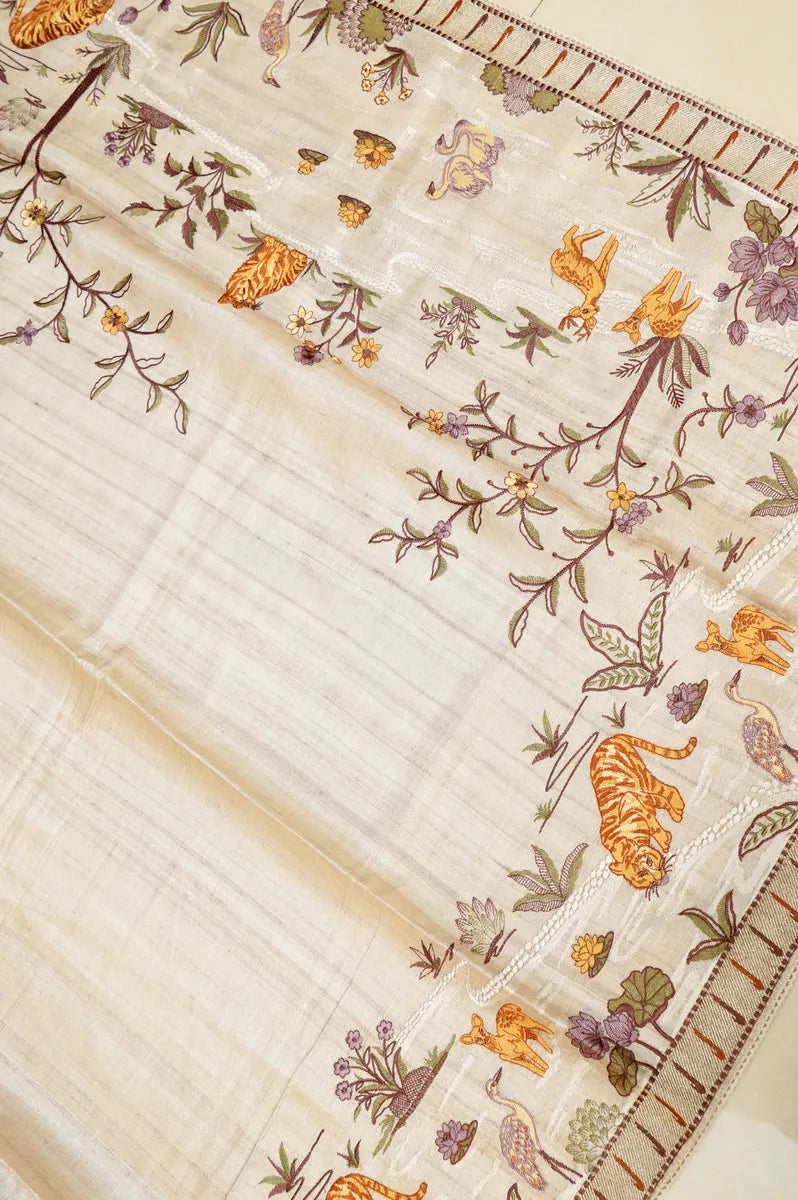 BANARASI KORA MADHUBANI GOLDEN CREAM COLOR TISSUE SAREE