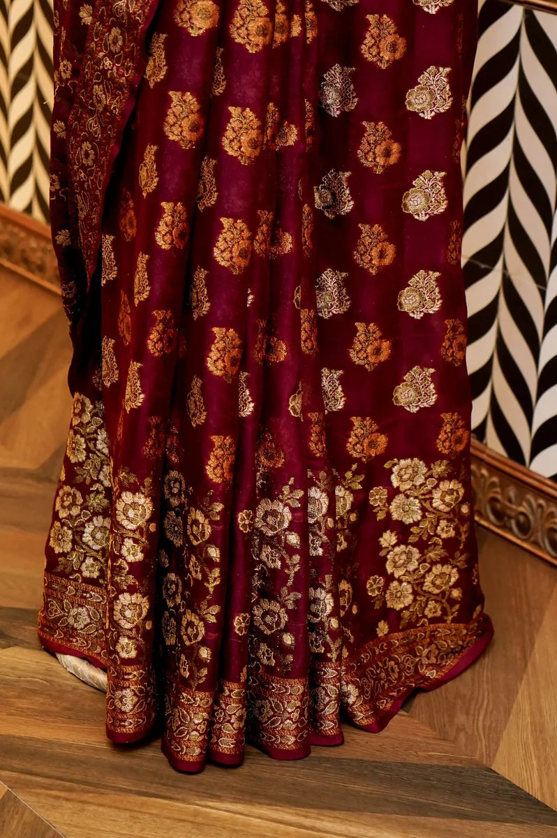 BANARASI WINE COLOR KHADDI GEORGETTE SAREE