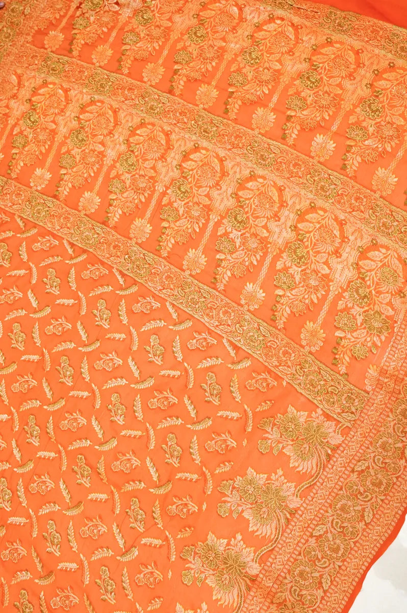 BANARASI ORANGE COLOR KHADDI GEORGETTE SAREE