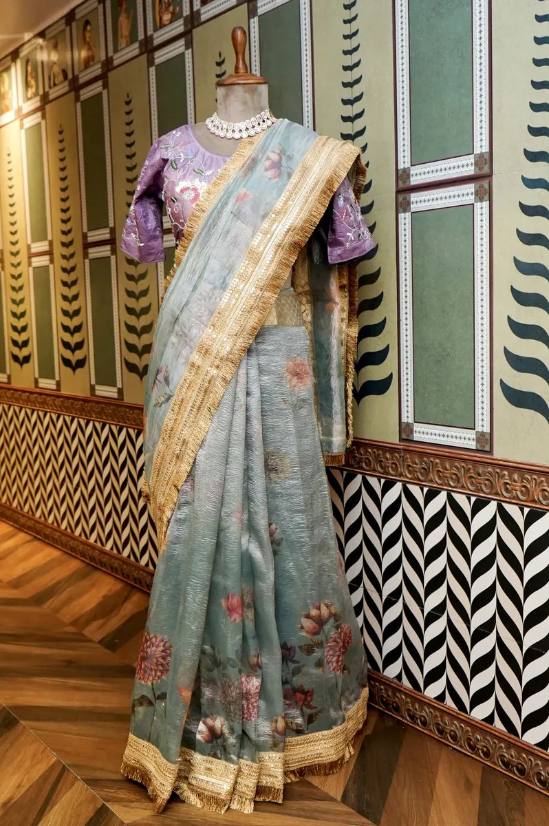 BANARASI PISTA GREEN COLOR TISSUE SAREE
