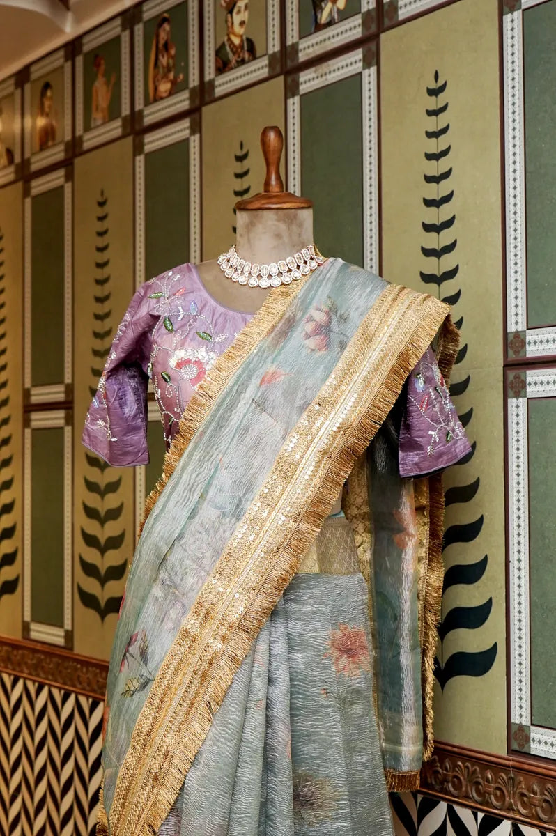 BANARASI PISTA GREEN COLOR TISSUE SAREE