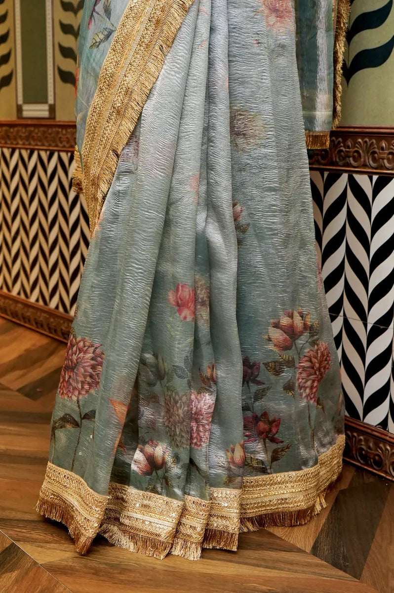 BANARASI PISTA GREEN COLOR TISSUE SAREE