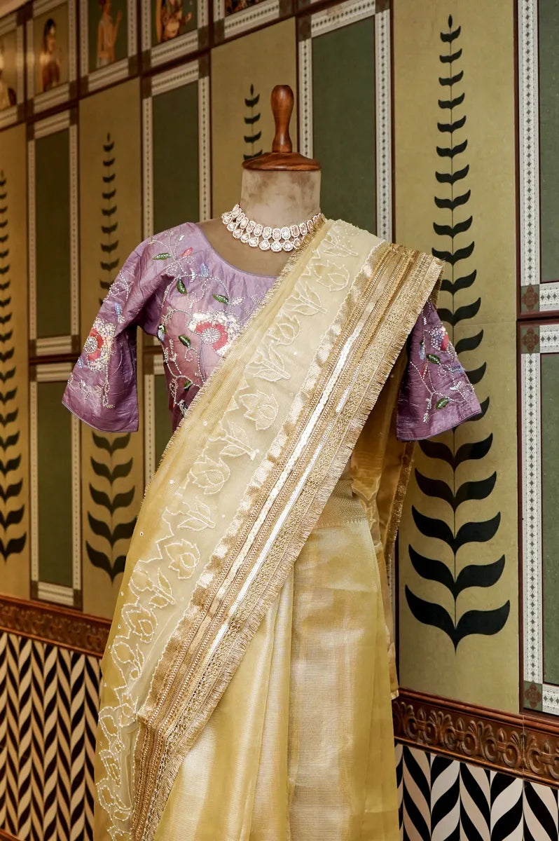 BANARASI LEMON YELLOW COLOR TISSUE SAREE