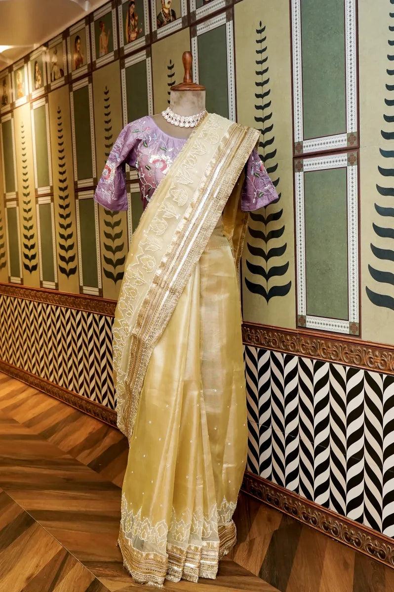 BANARASI LEMON YELLOW COLOR TISSUE SAREE