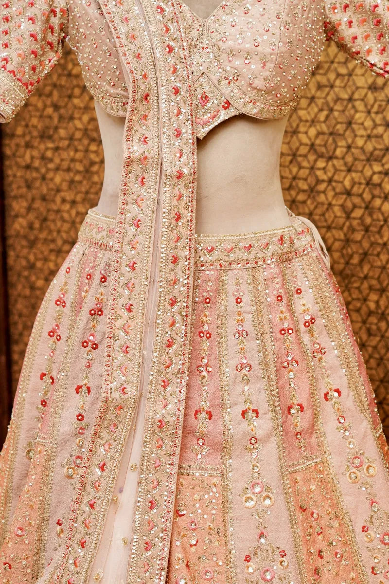 GOLDEN COLOR FULL HAND RESHAM PEARL WORK BRIDAL LEHENGA