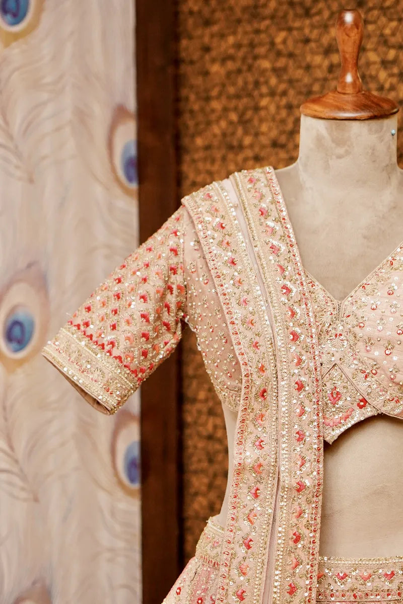 GOLDEN COLOR FULL HAND RESHAM PEARL WORK BRIDAL LEHENGA