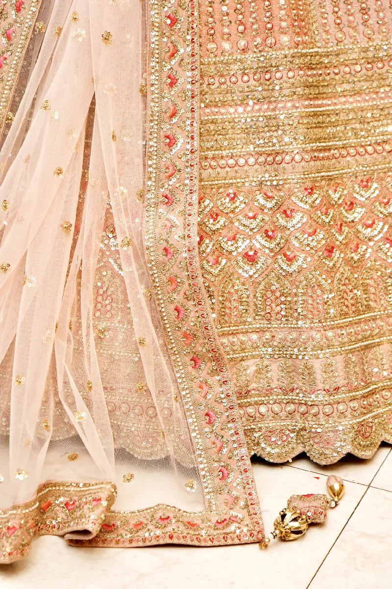 GOLDEN COLOR FULL HAND RESHAM PEARL WORK BRIDAL LEHENGA