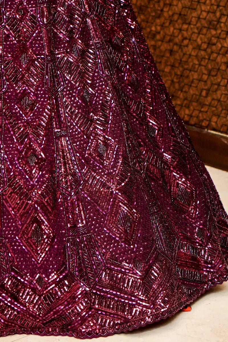 WINE COLOR FULL HAND RESHAM KARDHANA WORK BRIDAL LEHENGA