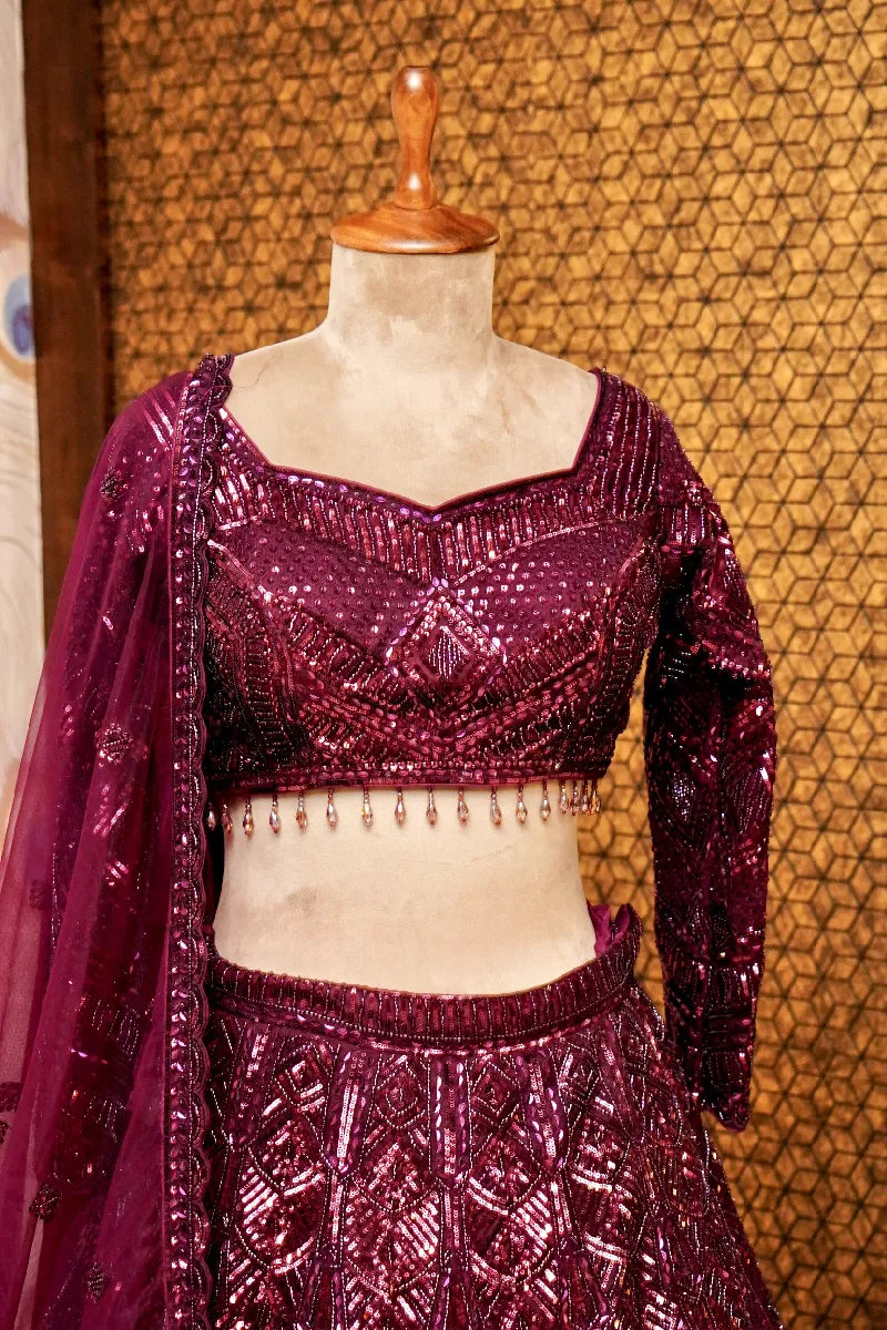 WINE COLOR FULL HAND RESHAM KARDHANA WORK BRIDAL LEHENGA